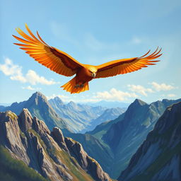 An oil-painted picture of a majestic orange eagle soaring high above a rugged mountain range