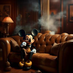 A close-up image of a whimsical album cover depicting Mickey Mouse as Al Capone, resting on a vintage leather sofa. A couple of cigars are nearby, and a smoky atmosphere pervades the scene.