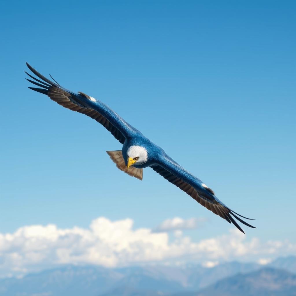 A majestic blue eagle soaring through a clear blue sky, its wings outstretched, showcasing vibrant blue and hints of white in its feathers