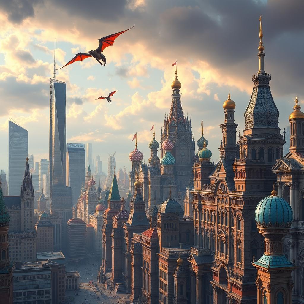 A stunning high fantasy city that combines the sleek lines of Chicago-style skyscrapers with the ornate, elegant architecture of Russian, St
