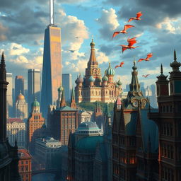 A stunning high fantasy city that combines the sleek lines of Chicago-style skyscrapers with the ornate, elegant architecture of Russian, St