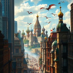 A stunning high fantasy city that combines the sleek lines of Chicago-style skyscrapers with the ornate, elegant architecture of Russian, St