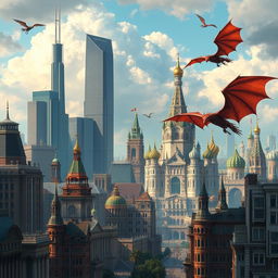 A stunning high fantasy city that combines the sleek lines of Chicago-style skyscrapers with the ornate, elegant architecture of Russian, St