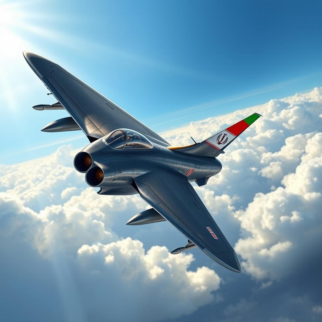 A stunning and detailed illustration of an F-16 fighter jet flying in the sky, prominently featuring the Iranian flag painted on its wings