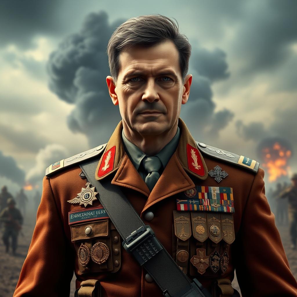 An imaginative, dramatic portrayal of an army general in a fictional battleground, wearing an elaborately detailed tactical vest adorned with numerous military insignias and decorations