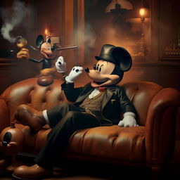 A close-up image of a whimsical album cover depicting Mickey Mouse as Al Capone, resting on a vintage leather sofa. A couple of cigars are nearby, and a smoky atmosphere pervades the scene.