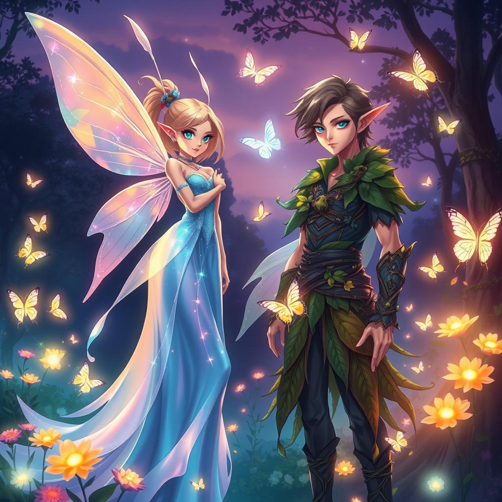 A vibrant and visually stunning illustration of two beautifully styled fantasy characters side by side