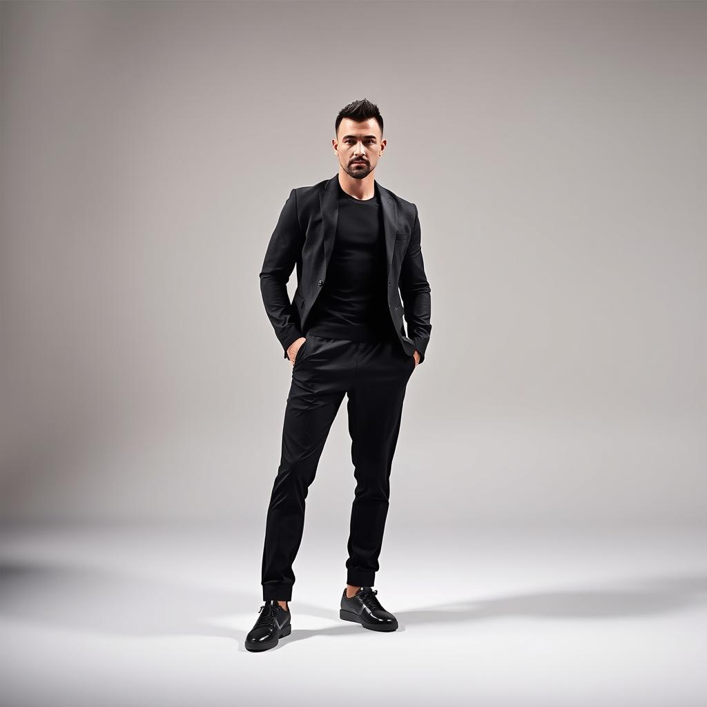 A man wearing sleek black sportswear stands confidently in a dynamic pose