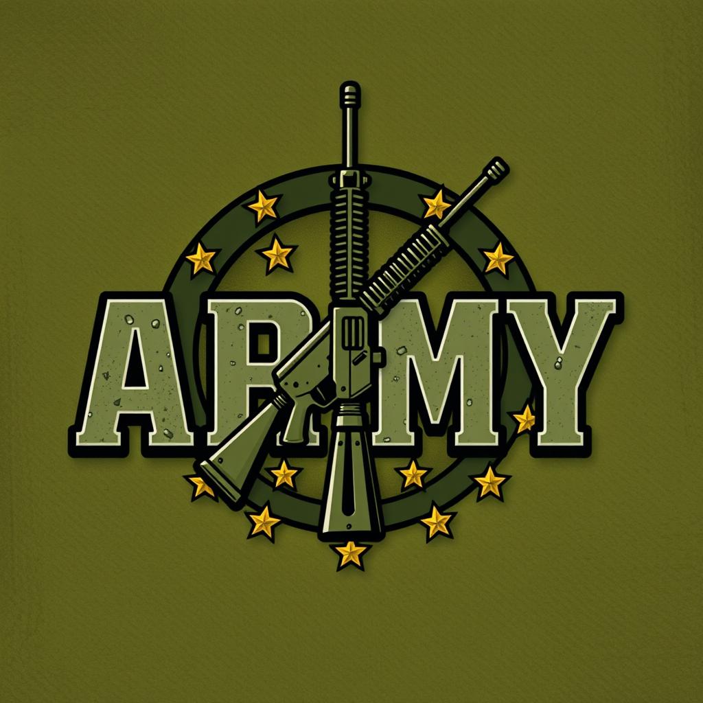 A stylized military logo featuring a detailed illustration of a rifle at its center, surrounded by sharp, bold lettering spelling out 'ARMY' in a rugged, industrial font