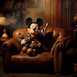 A close-up image of a whimsical album cover depicting Mickey Mouse as Al Capone, resting on a vintage leather sofa. A couple of cigars are nearby, and a smoky atmosphere pervades the scene.