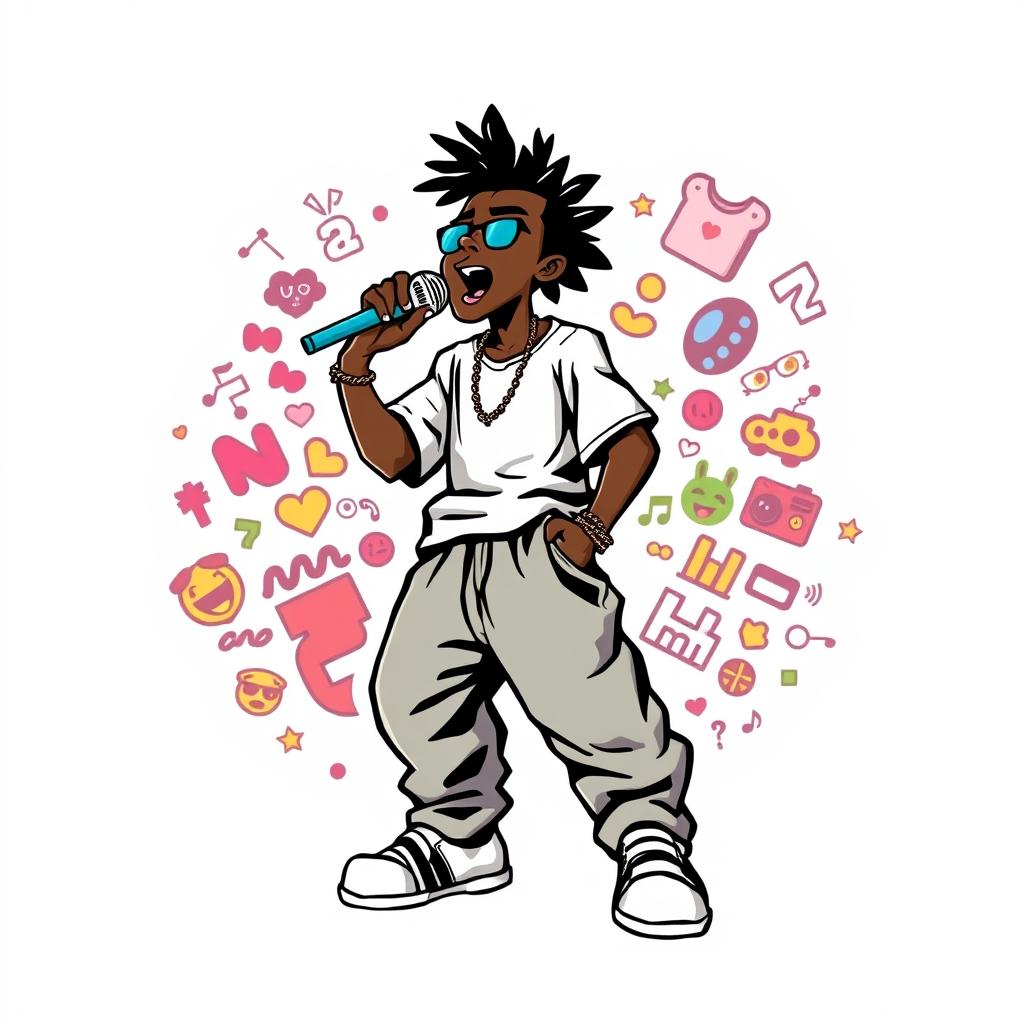 A logo design featuring a character with dark skin, wearing a loose t-shirt and baggy fabric pants, depicting a hip-hop vibe