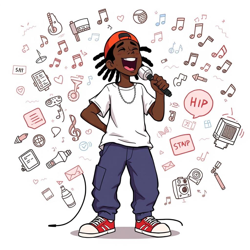 A cartoon character with dark skin, wearing a loose t-shirt and baggy fabric pants, appears to be singing hip-hop