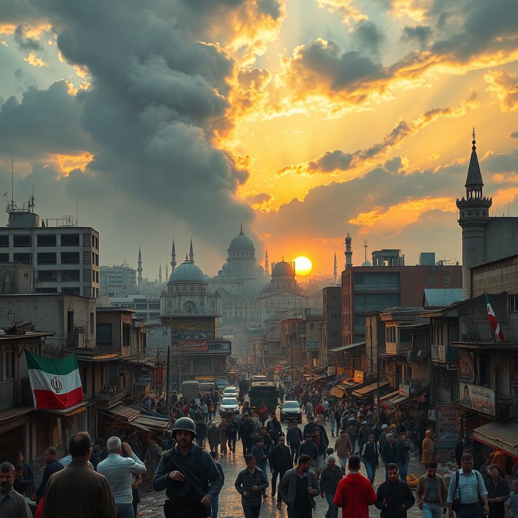 A dramatic scene depicting Tehran in the aftermath of a fictional American military attack