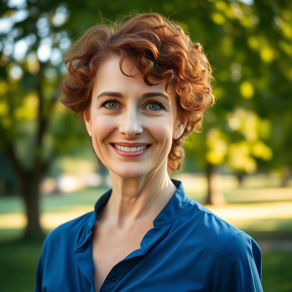 A beautiful close-up portrait of a confident middle-aged woman with striking green eyes and wild curly chestnut hair, wearing a stylish blue blouse