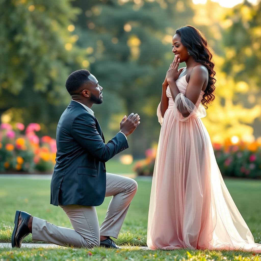 A romantic scene depicting a Black man kneeling in front of a stunning Black woman, as he proposes to her