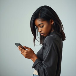 A full-body portrait of a young, beautiful Black woman around 25 years old, standing and facing the camera with her head slightly bowed as she looks down at her phone, displaying a sad expression