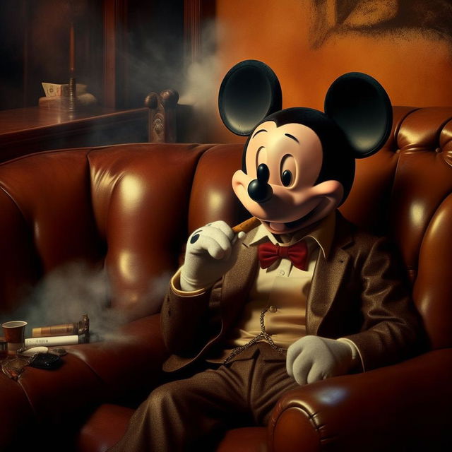 A close-up image of a whimsical album cover depicting Mickey Mouse as Al Capone, resting on a vintage leather sofa. A couple of cigars are nearby, and a smoky atmosphere pervades the scene.