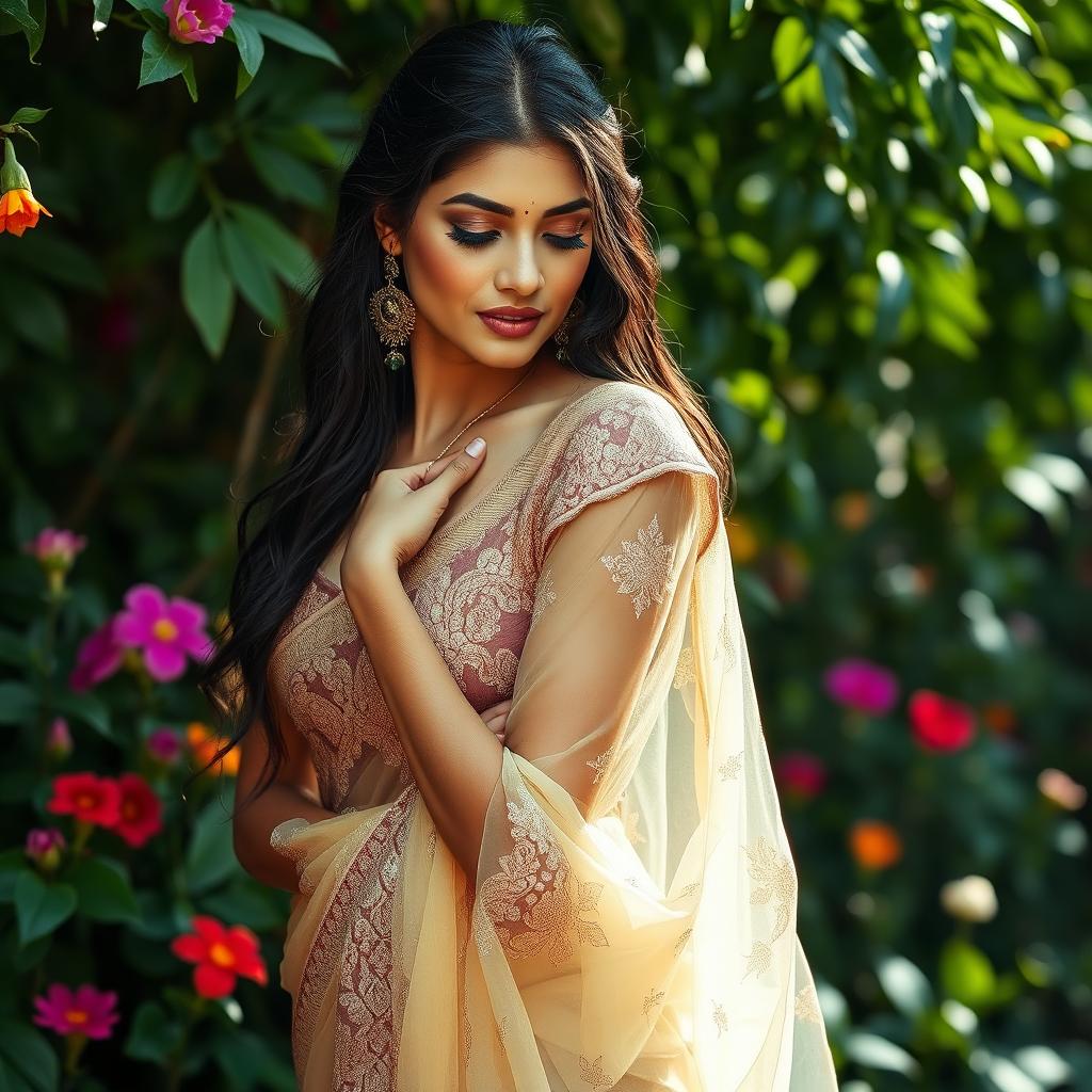 A stunning Indian woman gracefully draped in a wet, transparent saree, showcasing intricate patterns and shimmering fabrics that cling elegantly to her curves