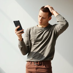 A faceless man standing in a casual outfit, looking at his phone with one hand while scratching his head with the other, depicting a sense of confusion or bewilderment