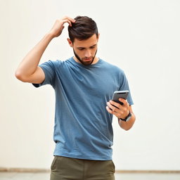A faceless man standing in a casual outfit, looking at his phone with one hand while scratching his head with the other, depicting a sense of confusion or bewilderment