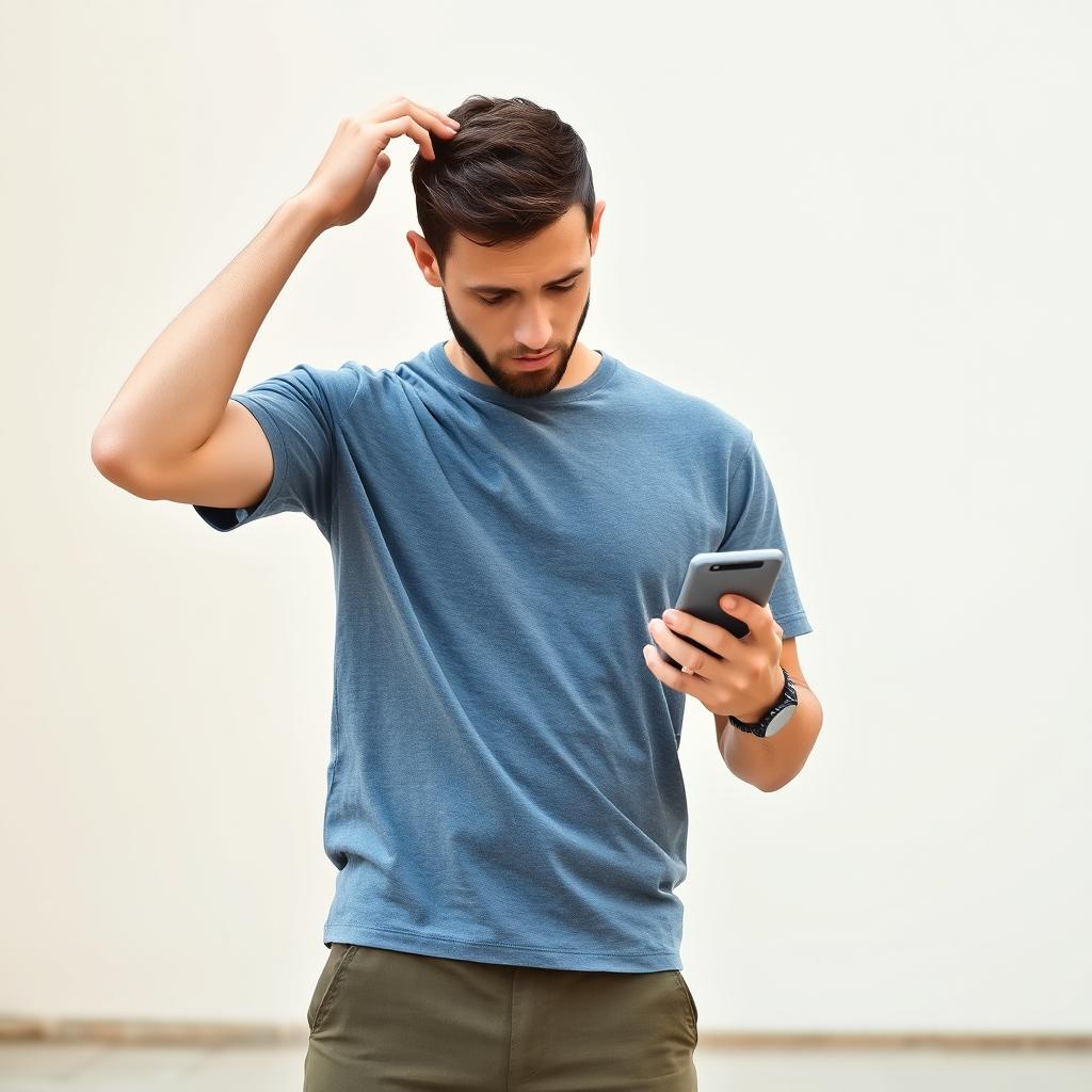 A faceless man standing in a casual outfit, looking at his phone with one hand while scratching his head with the other, depicting a sense of confusion or bewilderment
