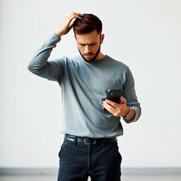A faceless man standing in a casual outfit, looking at his phone with one hand while scratching his head with the other, depicting a sense of confusion or bewilderment