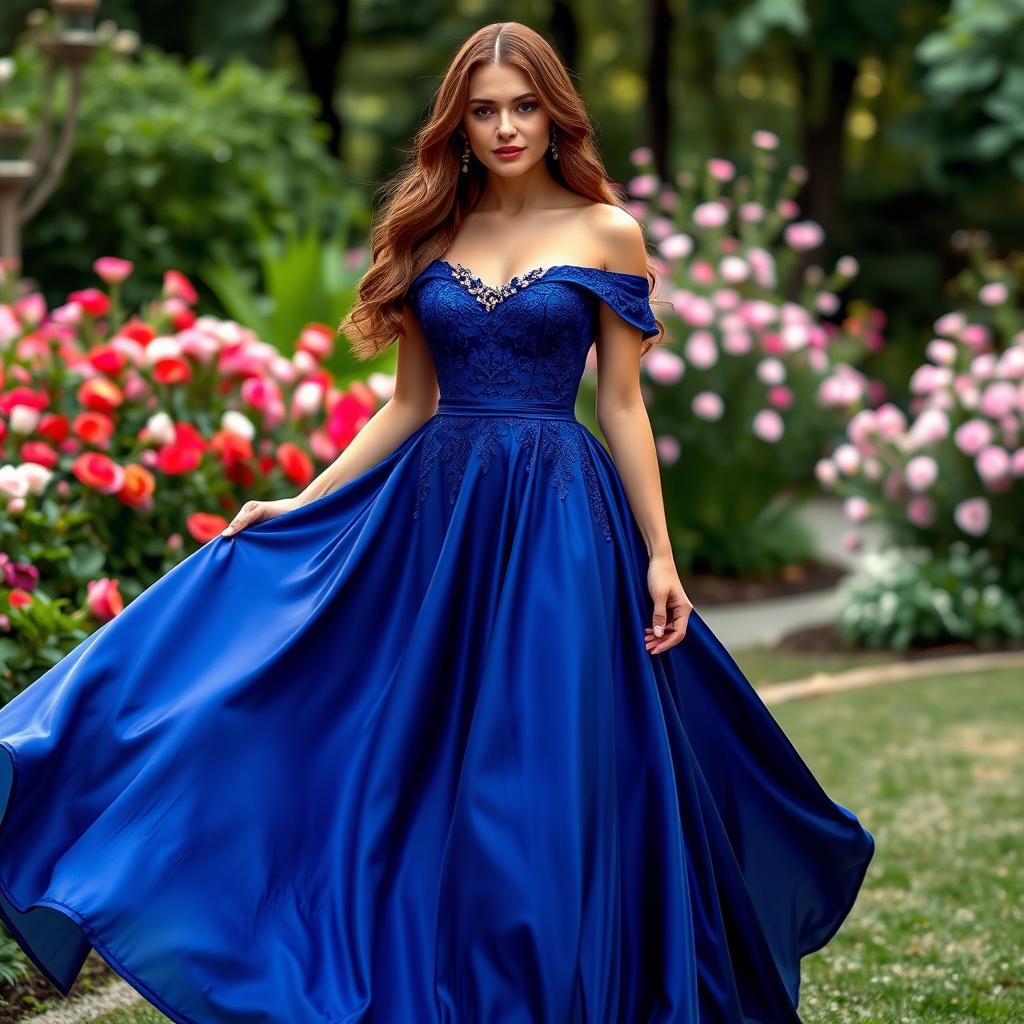 A stunning off-shoulder gown gracefully flowing to the floor with elegant detailing