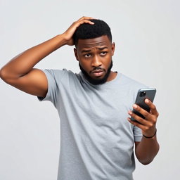 A portrait of a Black man in casual attire, standing and scratching his head with one hand while holding his phone in the other hand, looking puzzled or confused as he gazes at the screen