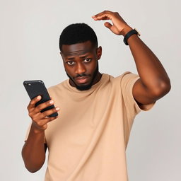 A portrait of a Black man in casual attire, standing and scratching his head with one hand while holding his phone in the other hand, looking puzzled or confused as he gazes at the screen