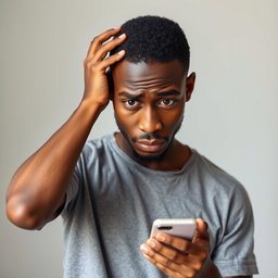 A portrait of a Black man in casual attire, standing and scratching his head with one hand while holding his phone in the other hand, looking puzzled or confused as he gazes at the screen