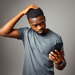 A portrait of a Black man in casual attire, standing and scratching his head with one hand while holding his phone in the other hand, looking puzzled or confused as he gazes at the screen