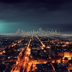 Create a Lo-Fi style illustration of the night view of Los Angeles, with a focus on the boulevard, suitable for an album cover.