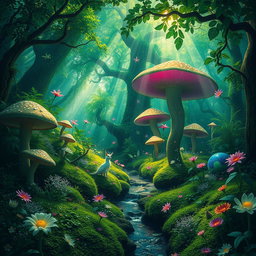 A mystical green magic forest filled with vibrant foliage, oversized mushrooms, glowing plants, and enchanted creatures