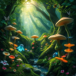 A mystical green magic forest filled with vibrant foliage, oversized mushrooms, glowing plants, and enchanted creatures