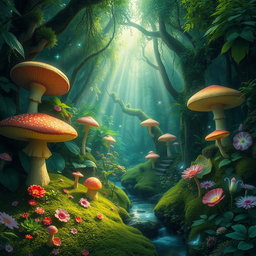 A mystical green magic forest filled with vibrant foliage, oversized mushrooms, glowing plants, and enchanted creatures