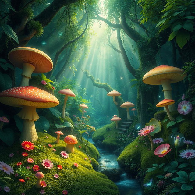 A mystical green magic forest filled with vibrant foliage, oversized mushrooms, glowing plants, and enchanted creatures
