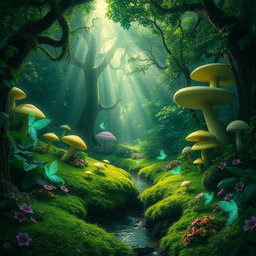 A mystical green magic forest filled with vibrant foliage, oversized mushrooms, glowing plants, and enchanted creatures