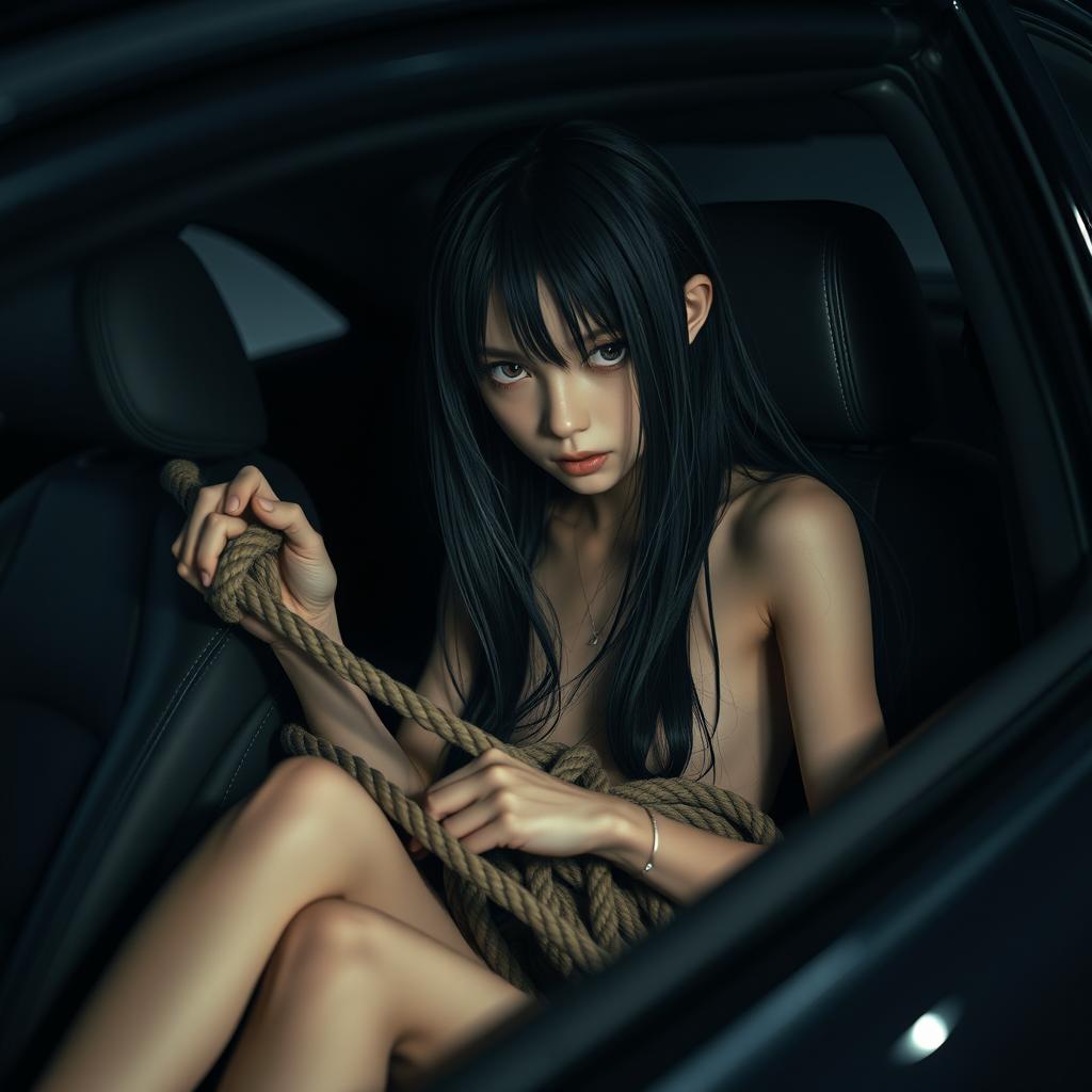 A scene featuring a thin girl with long black hair, seated in the back of a sleek black car