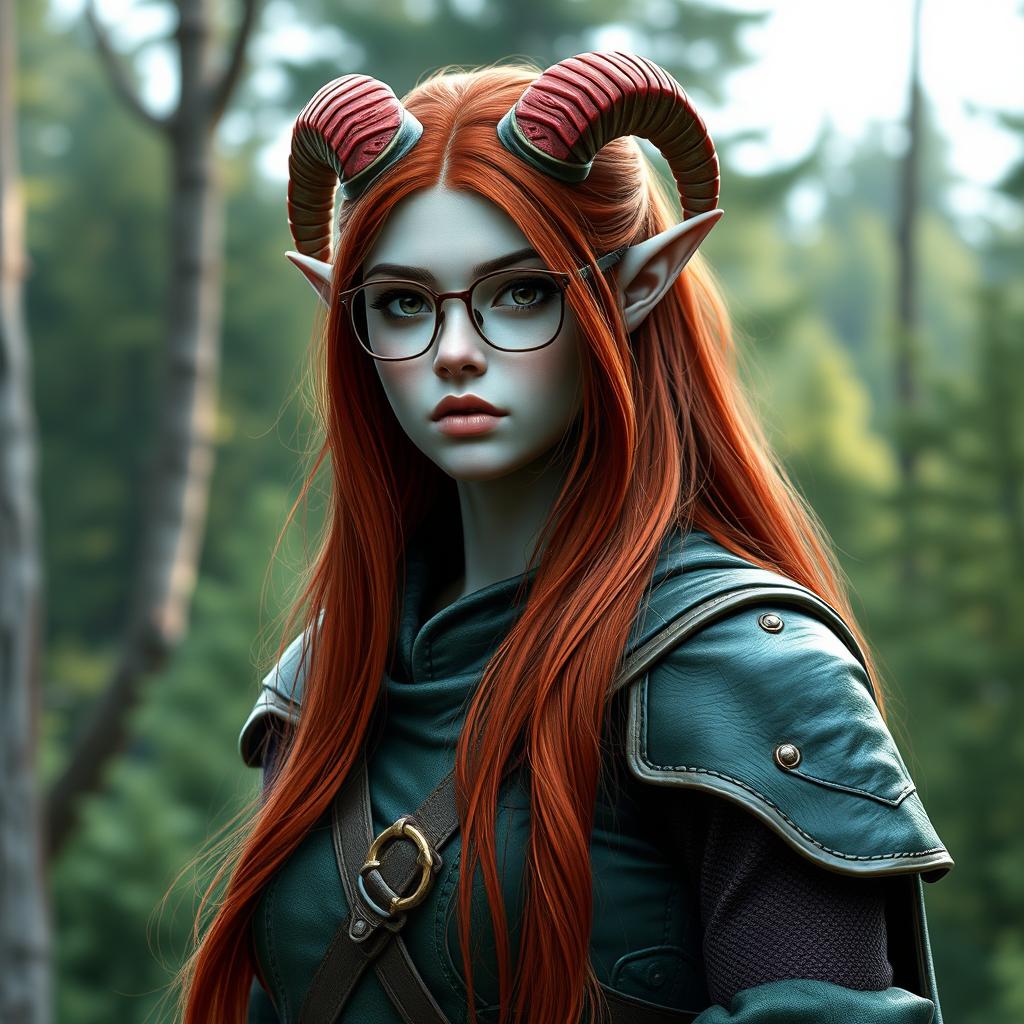 A stunning Tiefling ranger girl, standing tall at 198 cm, with an ethereal ash-gray body and a beautiful face that meets human standards