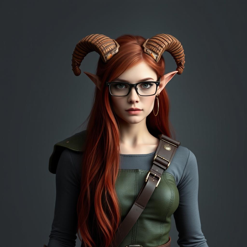 A tall Tiefling ranger girl standing confidently, with an ash-gray body covering that enhances her striking beauty by human standards