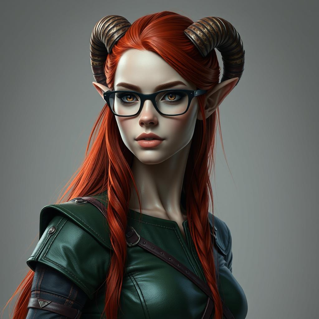 A striking tiefling ranger woman, standing tall at 198 cm, with skin covering in a beautiful ash-gray hue