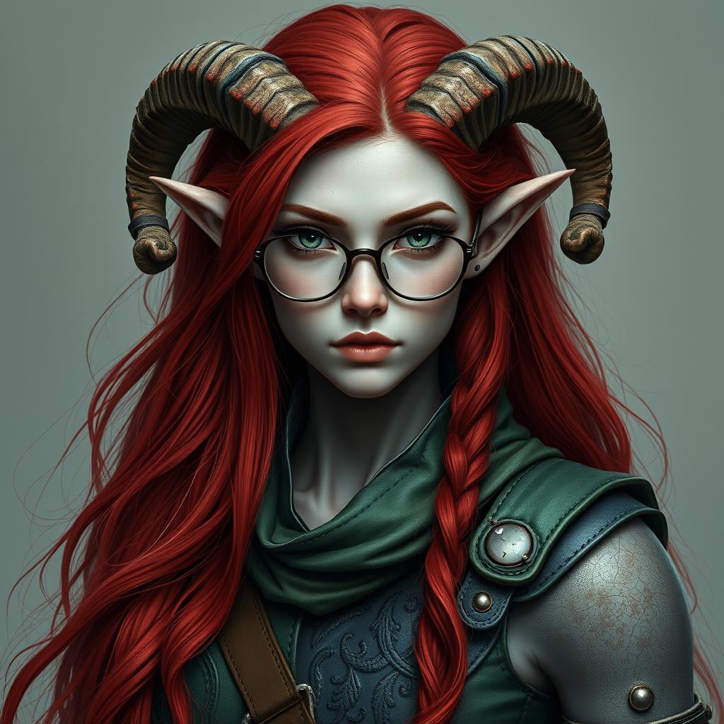 A tiefling ranger girl with an ash-gray body covering and a stunningly beautiful face that would be considered attractive by human standards