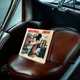 A close-up of a gangster-themed Mickey Mouse album cover resting on a seat of a vintage automobile