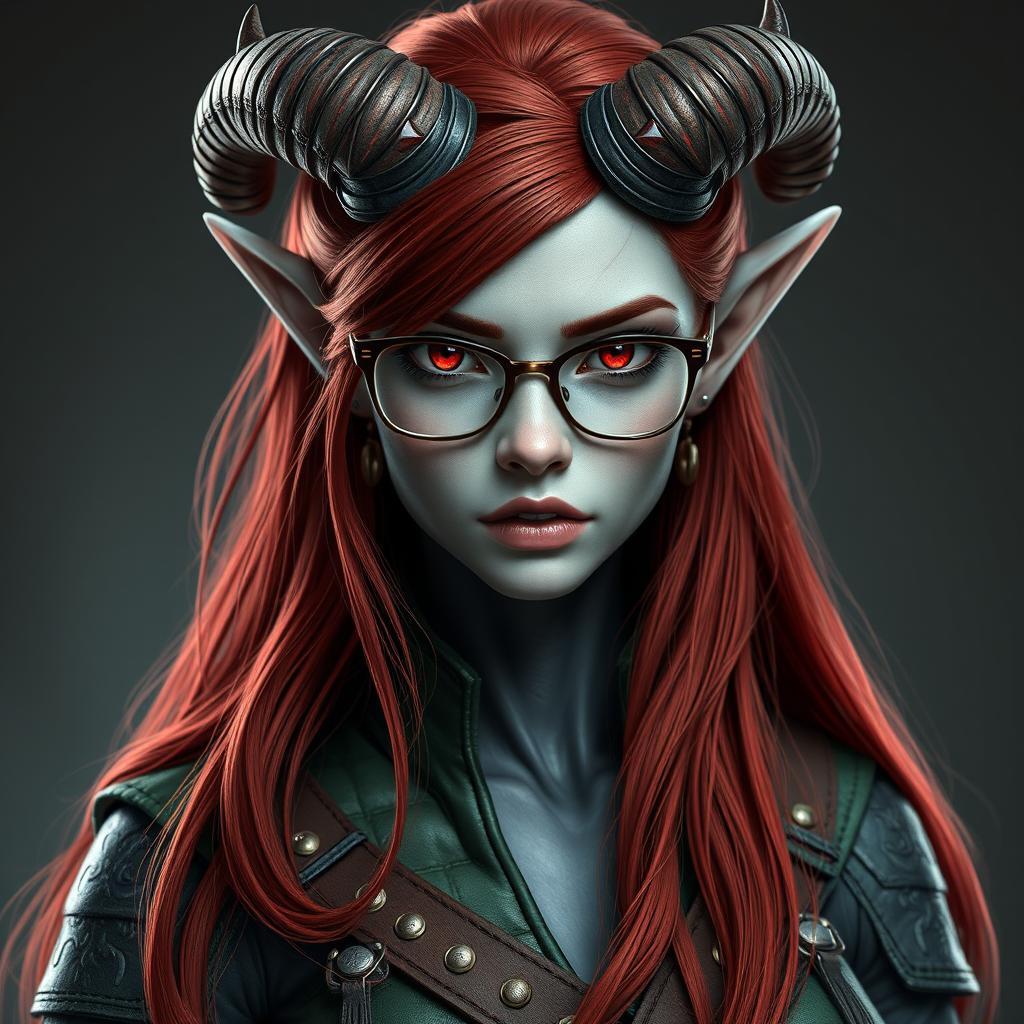 A striking tiefling ranger woman, standing tall at 198 cm, showcasing an attractive human-like face with beautiful features