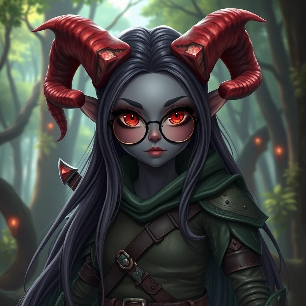 A demon girl ranger with gray skin and dark eyes featuring striking red irises