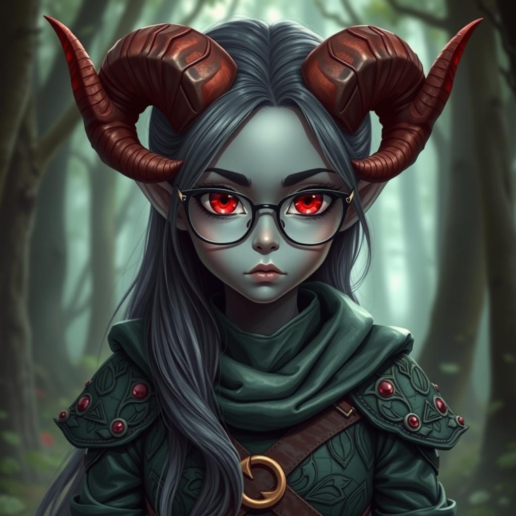 A realistic depiction of a demon girl ranger with gray skin