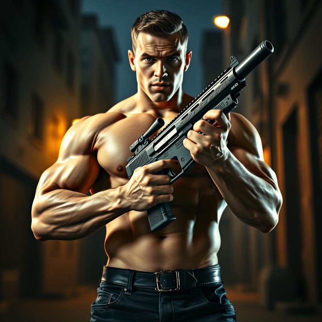 A powerful scene featuring a muscular person holding a gun confidently