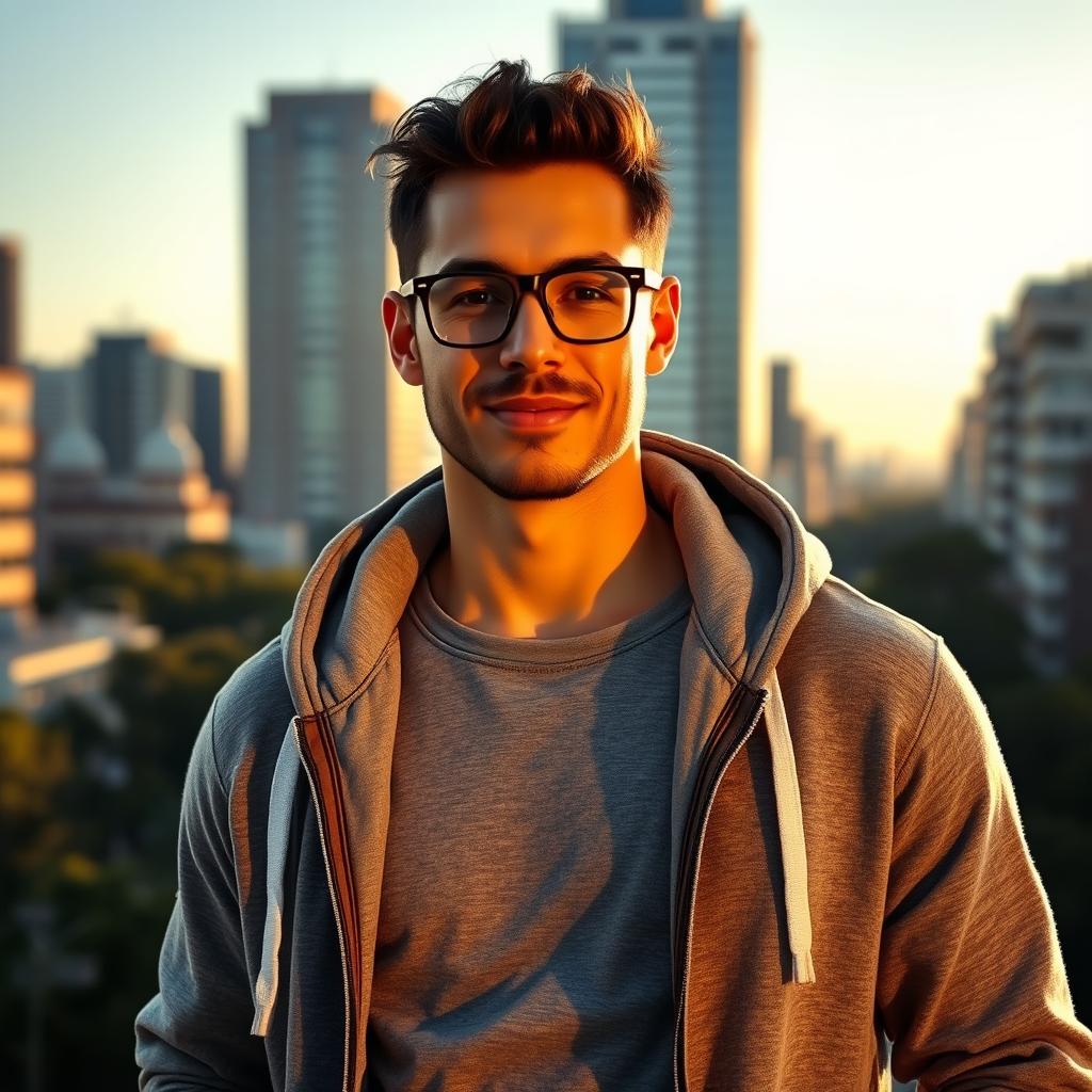 A tall, fit man with a Mediterranean complexion (moreno), wearing stylish glasses and a casual hoodie
