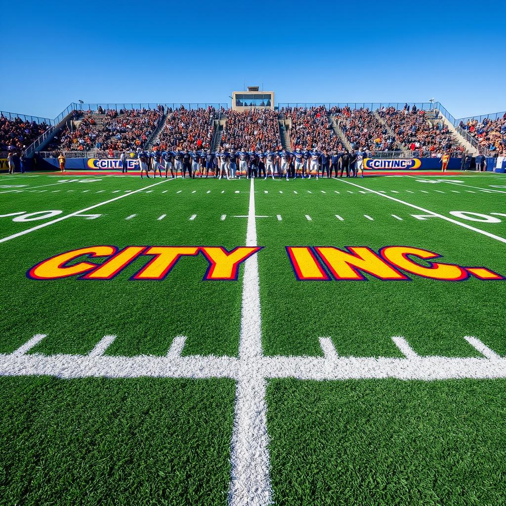 An expansive American football field with deep green turf, clearly marked with white yard lines