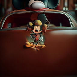 A close-up of a gangster-themed Mickey Mouse album cover resting on a seat of a vintage automobile